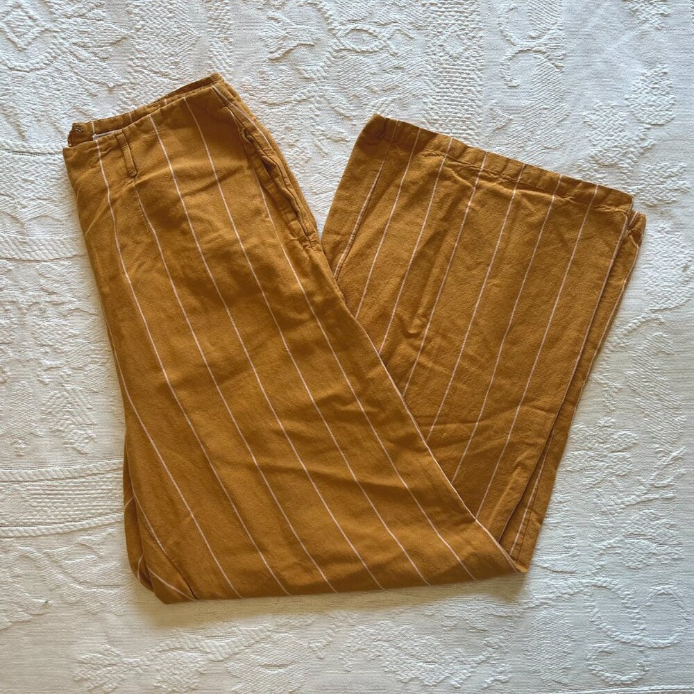 Striped Mustard Yellow Cotton Linen Trousers